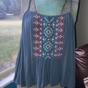 Blue boho spaghetti strap Aztec stitch tank top